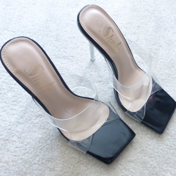 SHEIN black square toe stiletto slip-on heels with clear strap - Picture 7 of 9